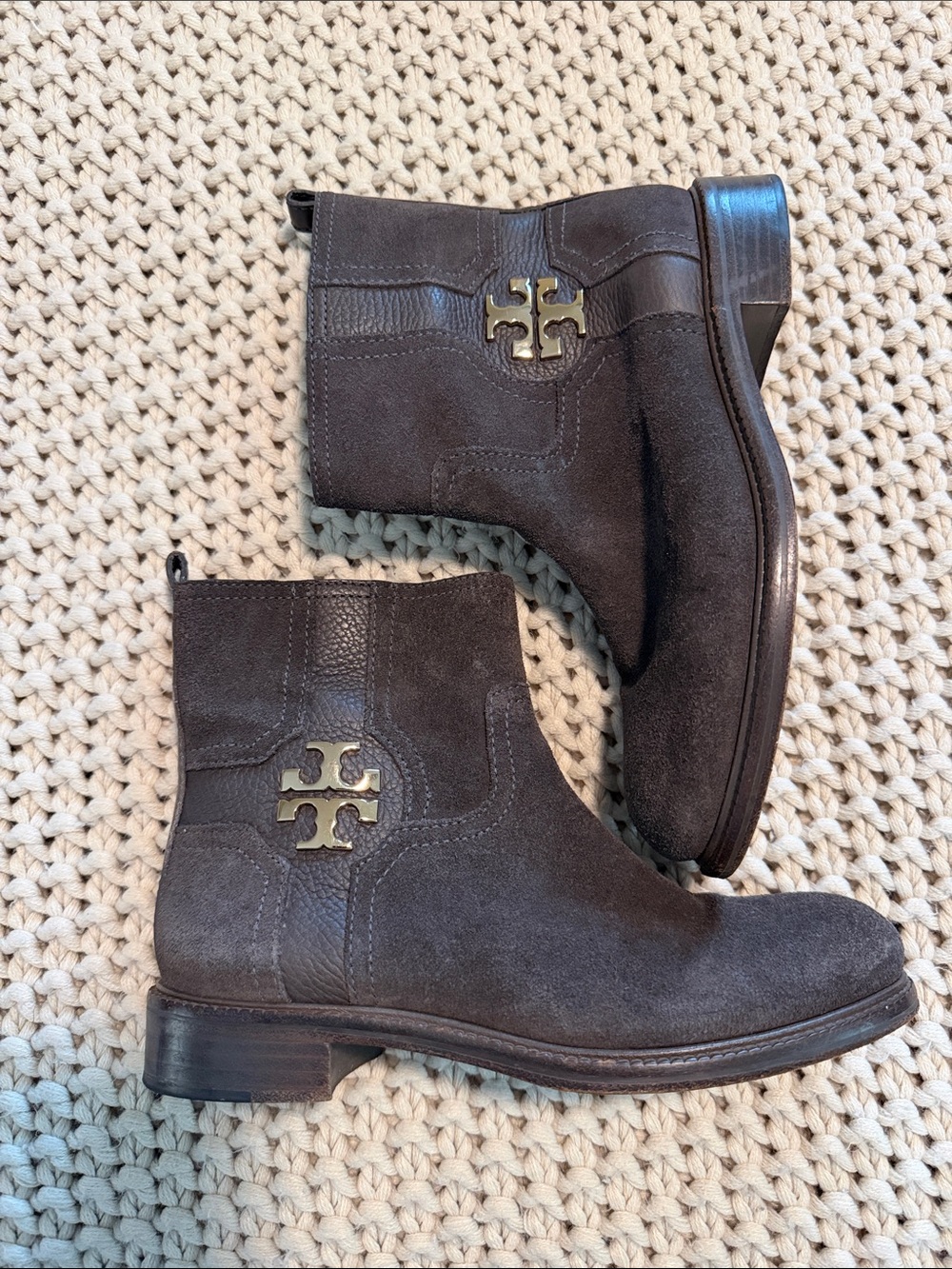 Tory Burch Dark Brown Suede Logo Ankle Boots